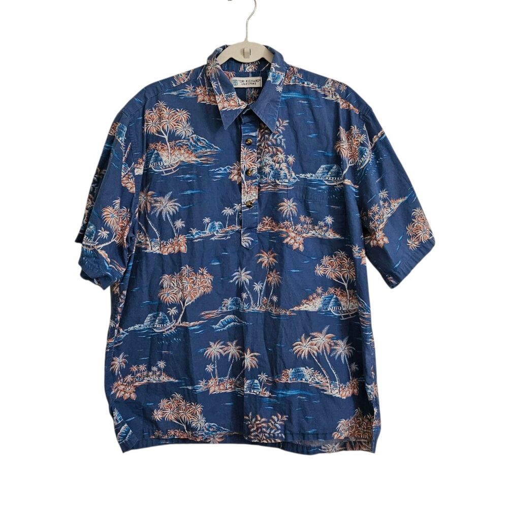 Tori Richard Hawaiian Shirt Mens XL Blue Popover Aloha Uniform Resortwear Button